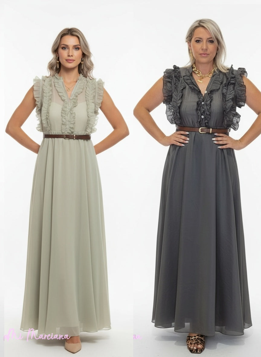 VESTIDO GASA TENCEL VOLANTES MARRÓN