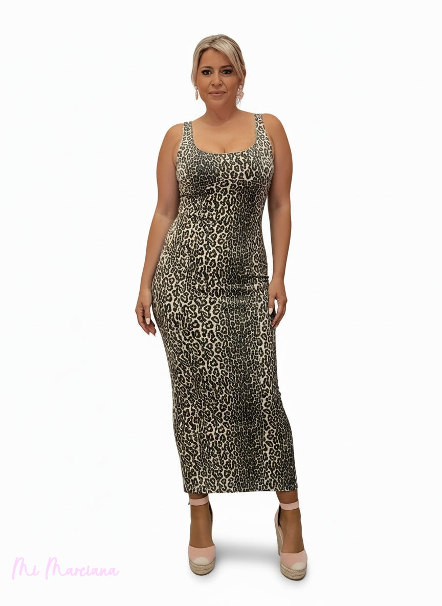 Abito in denim ampio con stampa animalier.