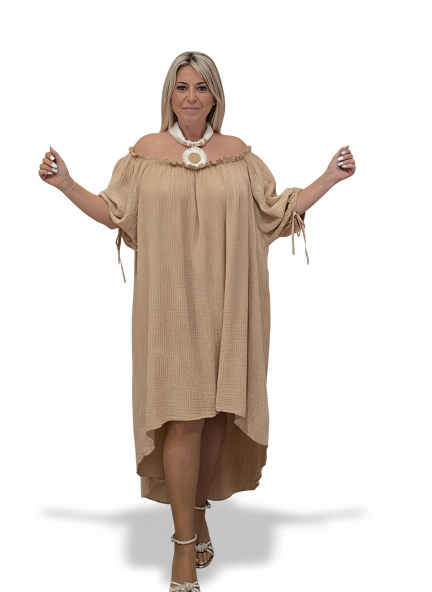 VESTIDO ASIMÉTRICO OVERSIZE BAMBULA CAMEL - Mi Marciana