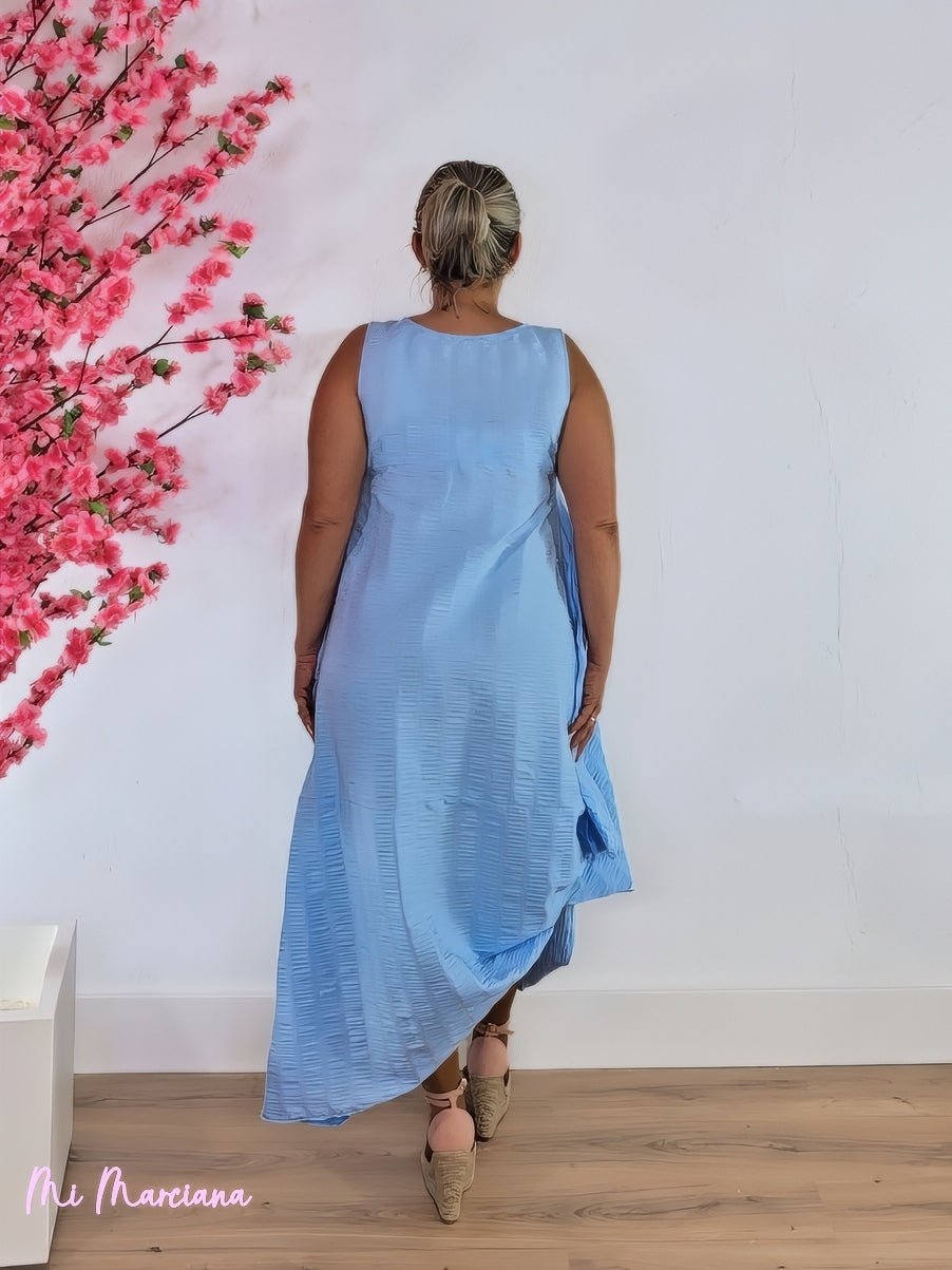 VESTIDO ASIMÉTRICO VICHY GOMAS AZUL - Mi Marciana