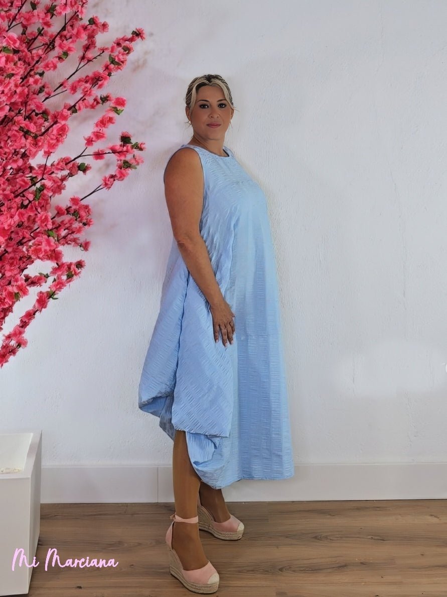 VESTIDO ASIMÉTRICO VICHY GOMAS AZUL - Mi Marciana