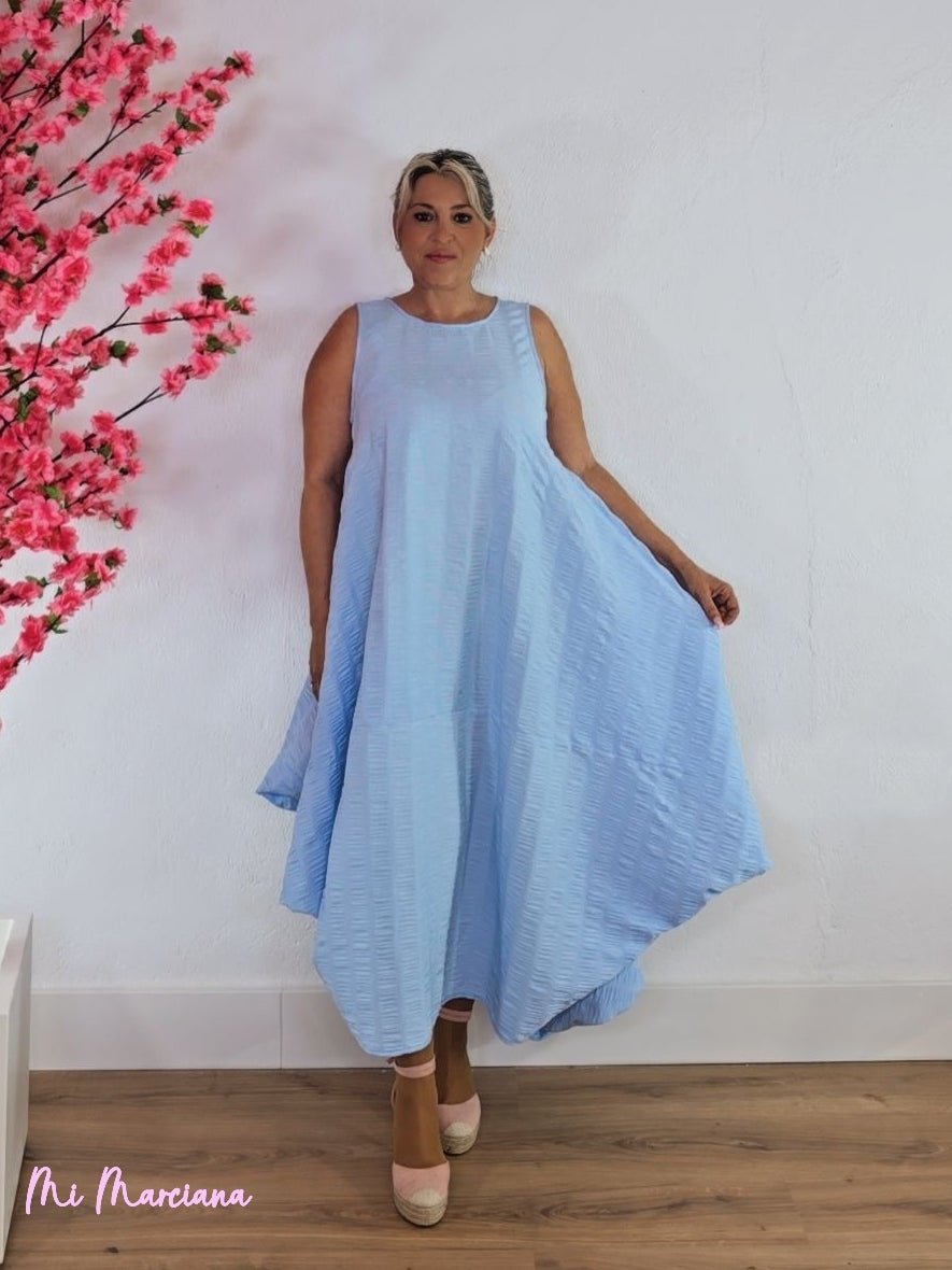 VESTIDO ASIMÉTRICO VICHY GOMAS AZUL - Mi Marciana