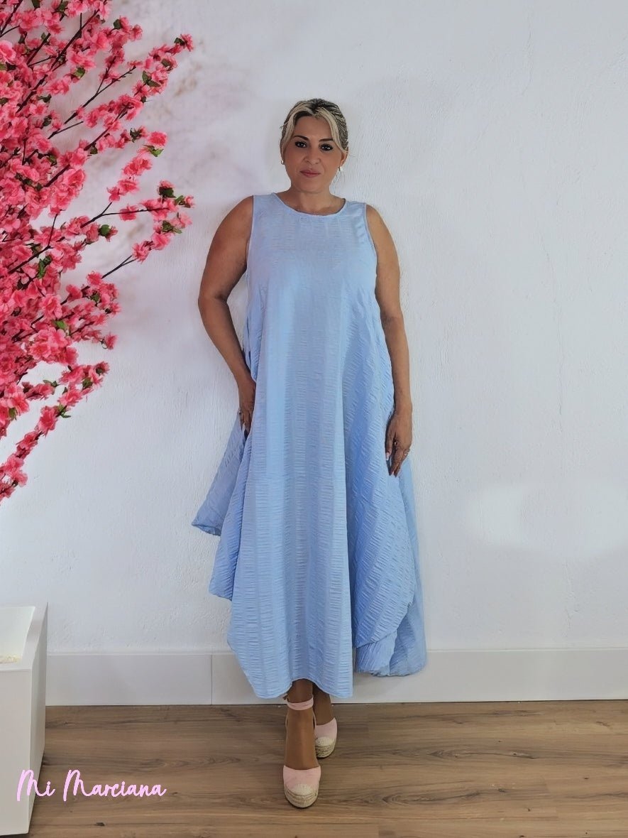 VESTIDO ASIMÉTRICO VICHY GOMAS AZUL - Mi Marciana