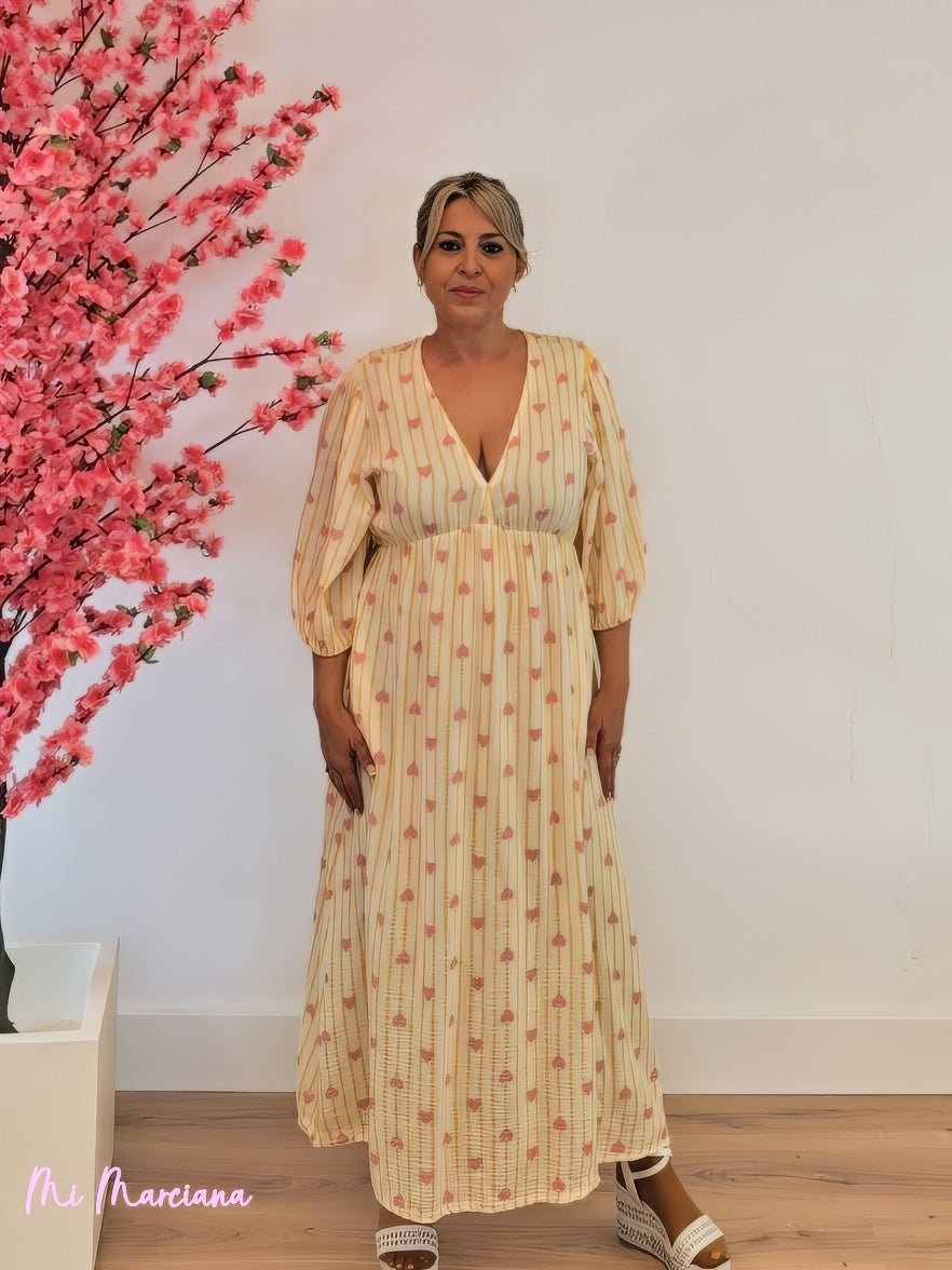 VESTIDO BAMBULA DOBLE PICO AMARILLO CORAZONES - Mi Marciana