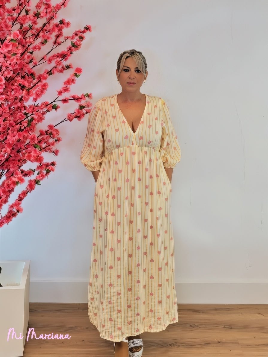 VESTIDO BAMBULA DOBLE PICO AMARILLO CORAZONES - Mi Marciana