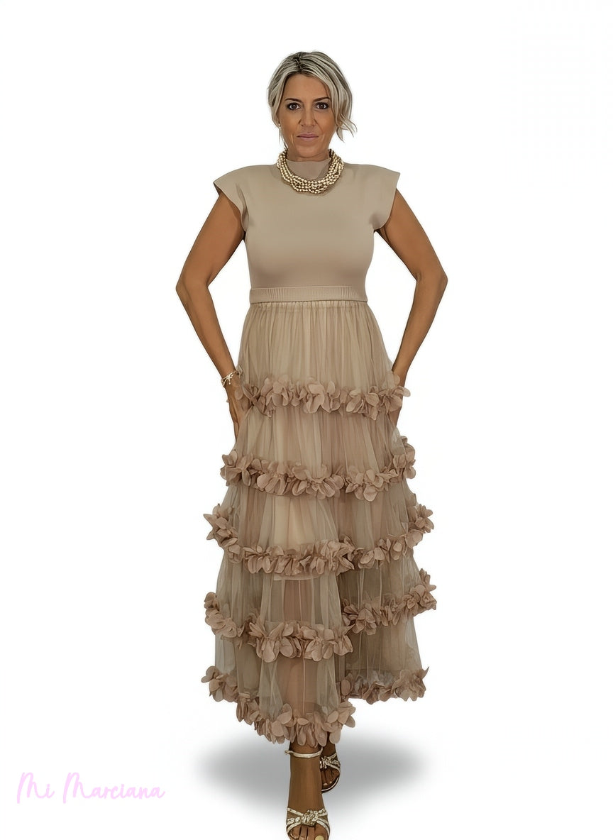 ABITO IN MAGLIA COMBINATA CON TULLE E VOLANT