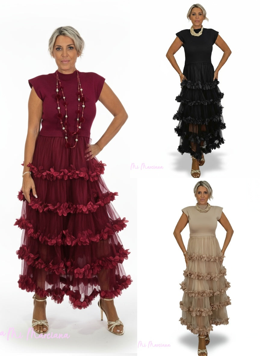 ABITO IN MAGLIA COMBINATA CON TULLE E VOLANT