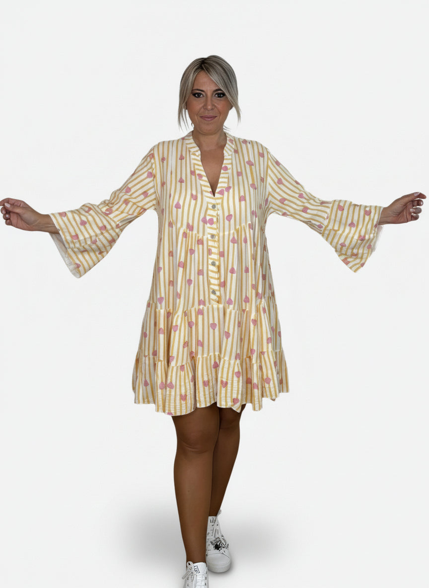 VESTIDO CORTO BAMBULA RAYAS CORAZONES AMARILLO - Mi Marciana