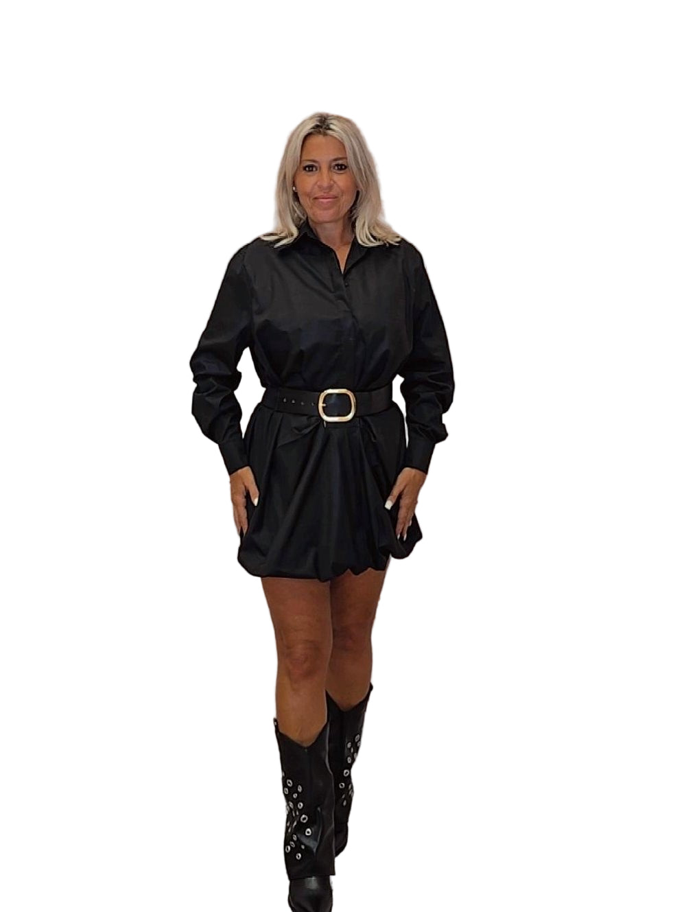 VESTIDO CORTO GLOBO CINTURÓN NEGRO - Mi Marciana