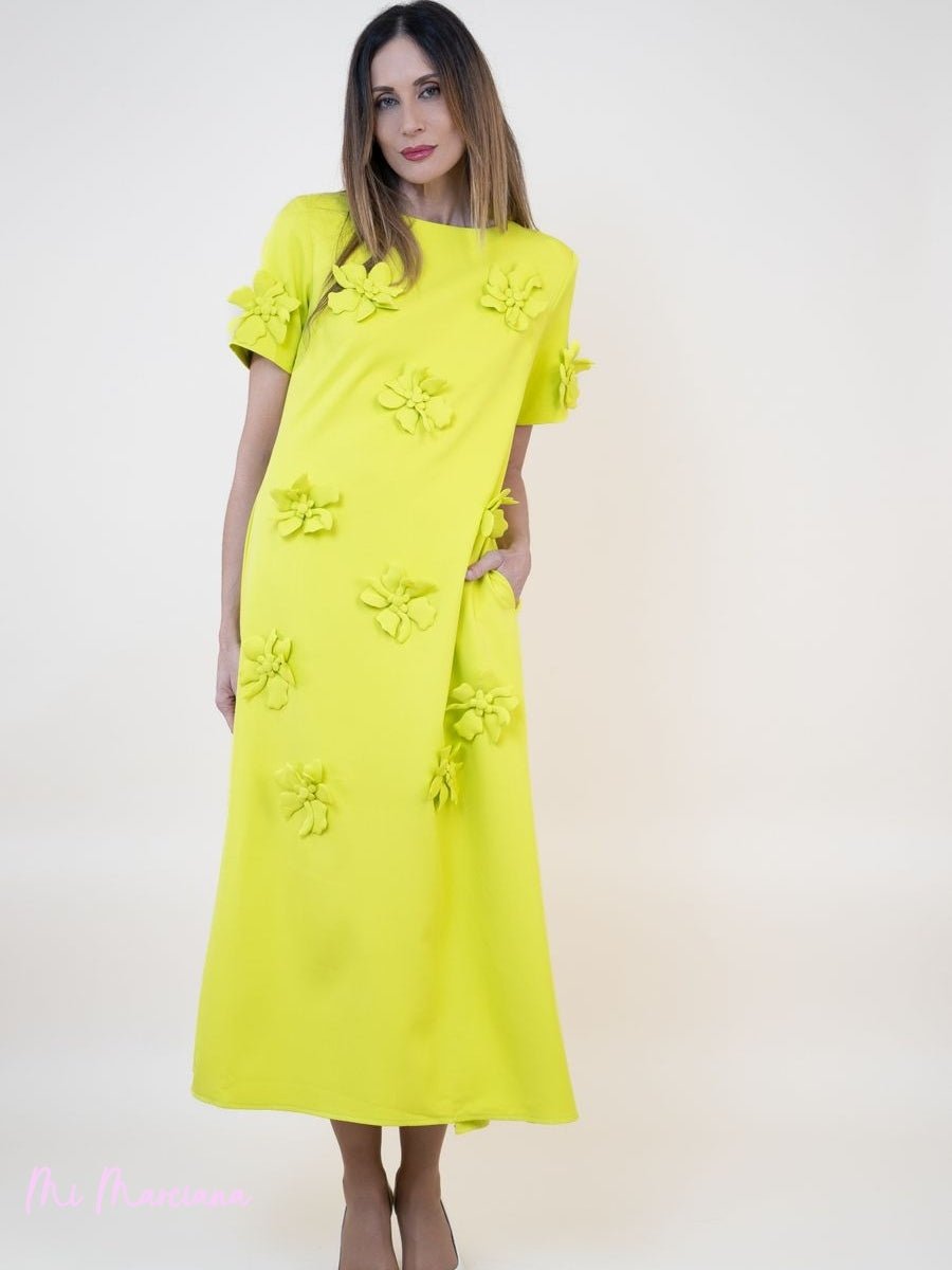 VESTIDO FLORES 3D MANGA CORTA LIMA - Mi Marciana