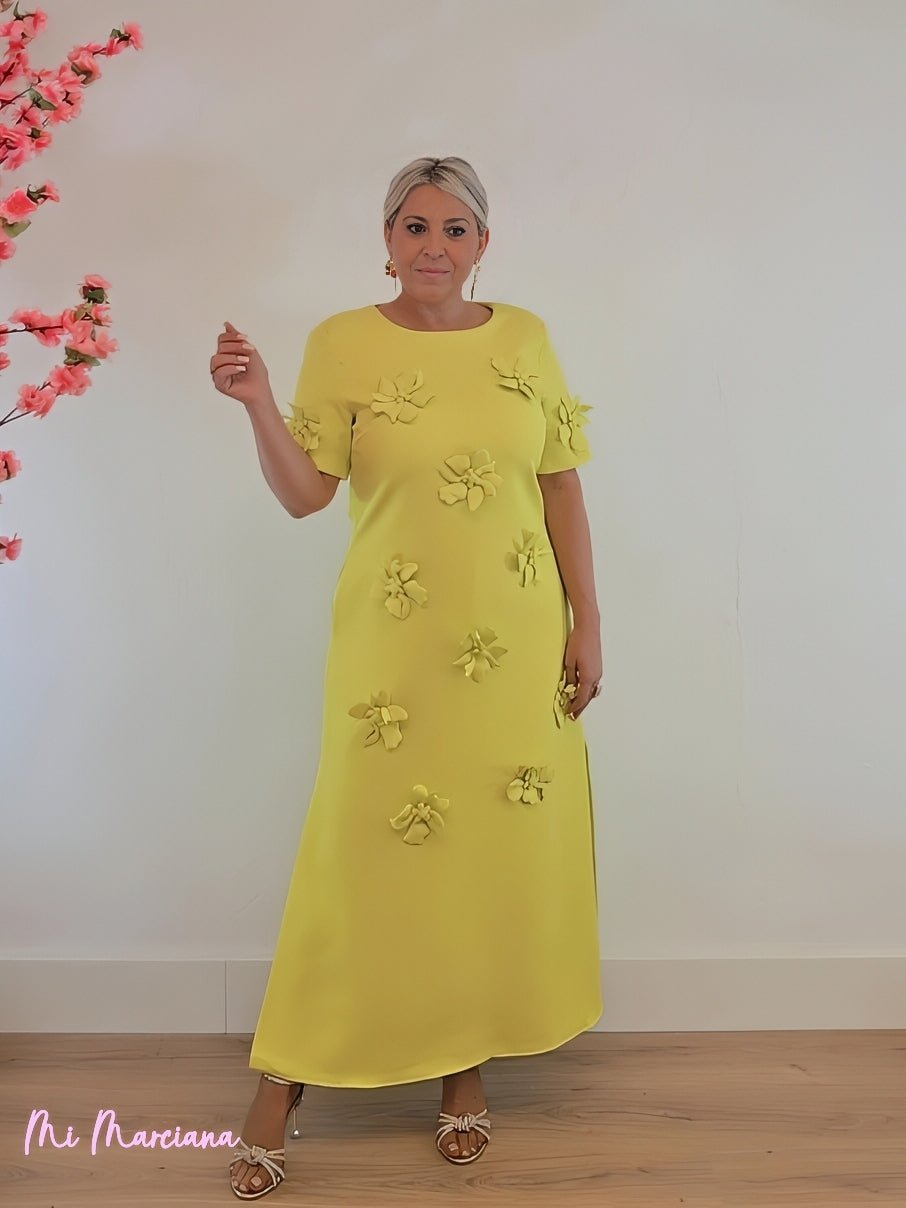 VESTIDO FLORES 3D MANGA CORTA LIMA - Mi Marciana