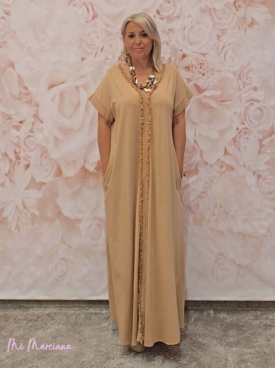 VESTIDO FORMENTERA ALGODÓN MANGAS CAMEL - Mi Marciana