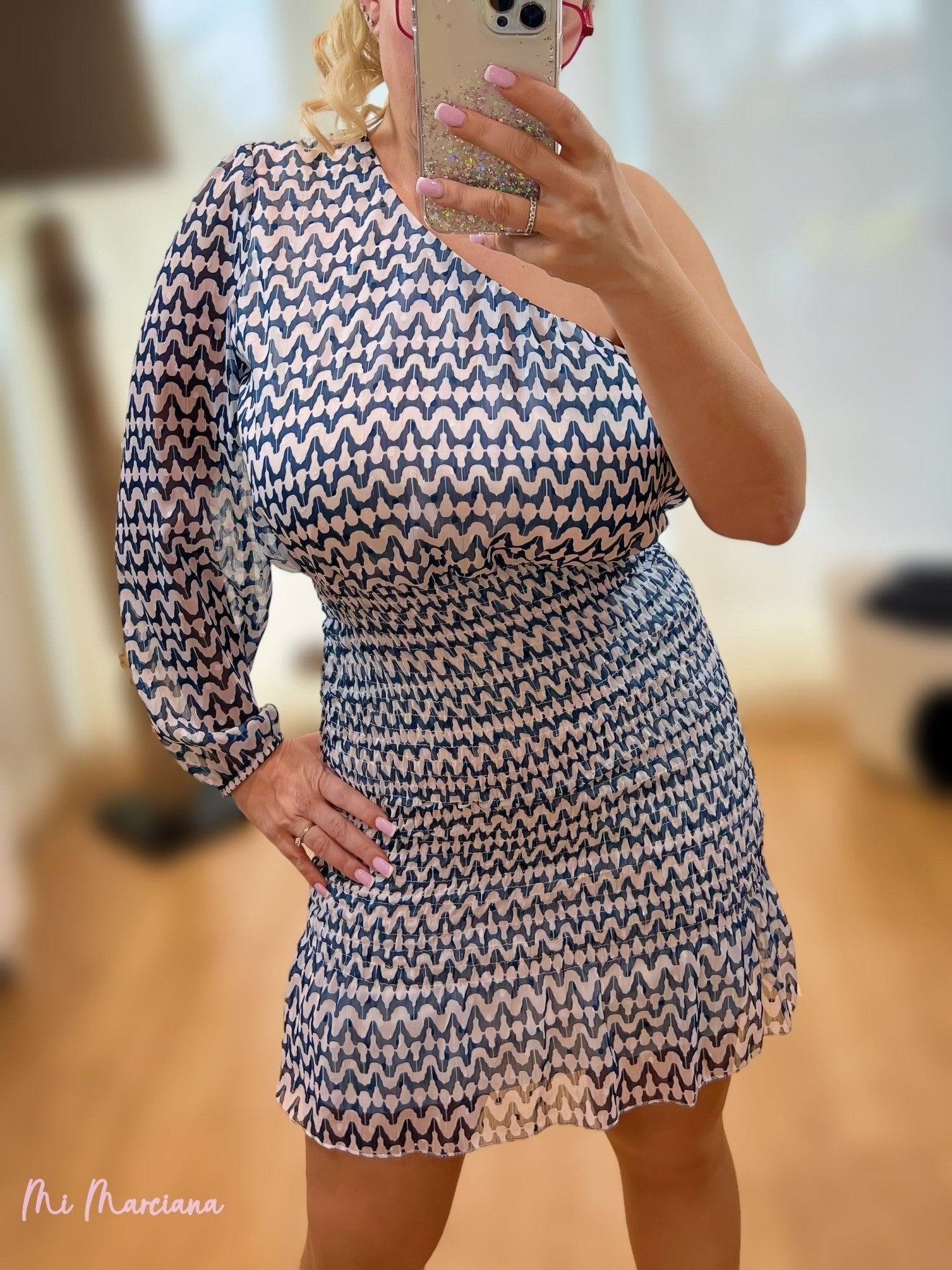 VESTIDO GASA ASIMETRICO FRUNCIDO MARINO - Mi Marciana