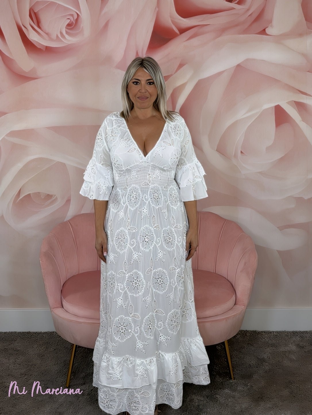 VESTIDO LARGO BORDADO INGLÉS LENTEJUELAS BLANCO - Mi Marciana