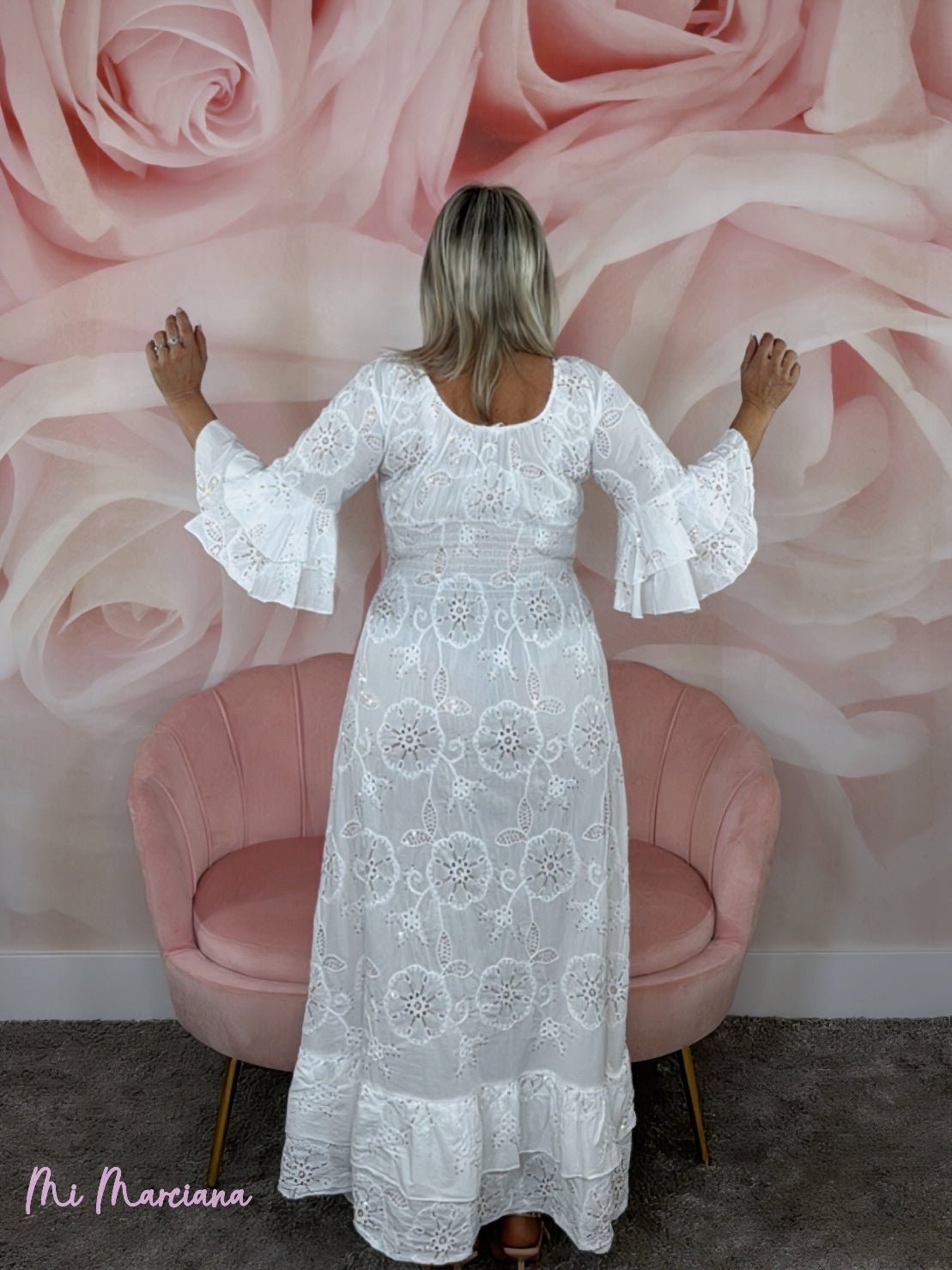 VESTIDO LARGO BORDADO INGLÉS LENTEJUELAS BLANCO - Mi Marciana