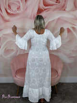 VESTIDO LARGO BORDADO INGLÉS LENTEJUELAS BLANCO - Mi Marciana