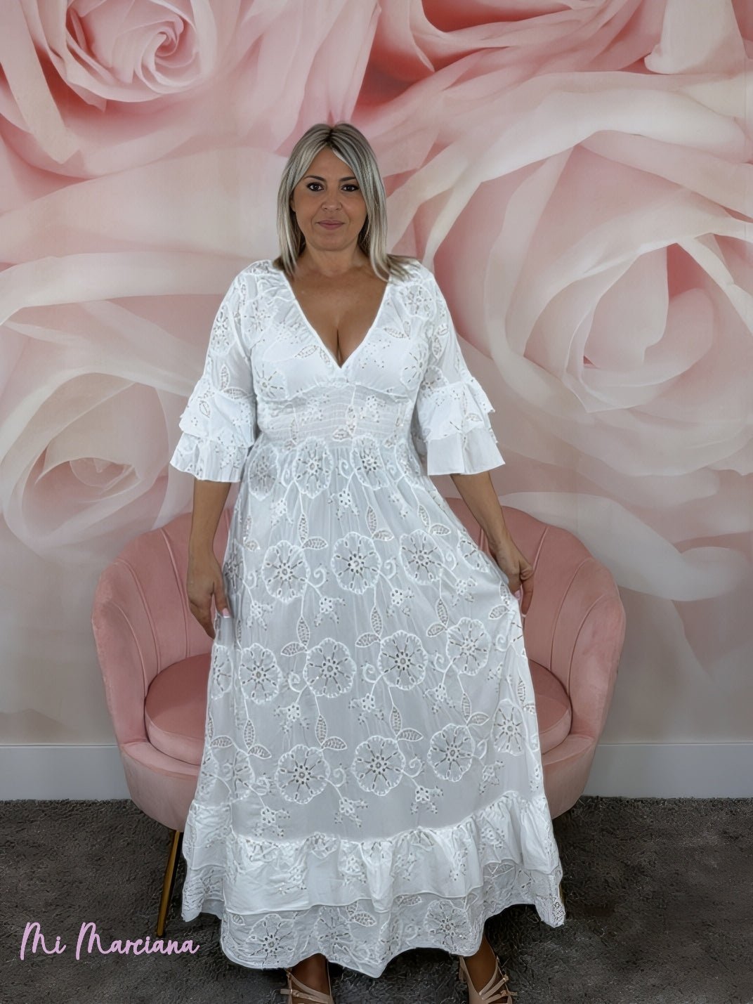 VESTIDO LARGO BORDADO INGLÉS LENTEJUELAS BLANCO - Mi Marciana