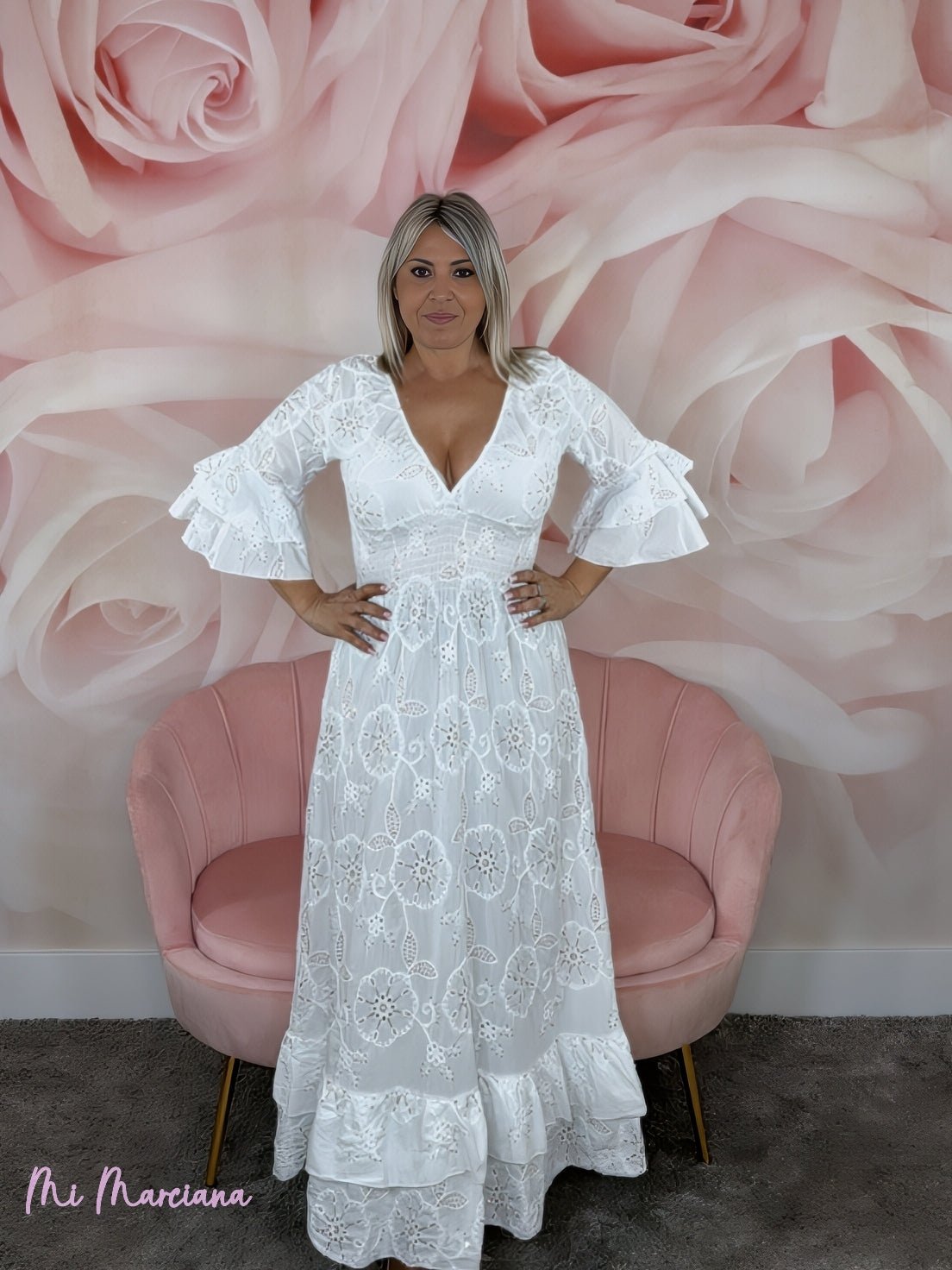 VESTIDO LARGO BORDADO INGLÉS LENTEJUELAS BLANCO - Mi Marciana
