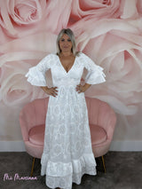 VESTIDO LARGO BORDADO INGLÉS LENTEJUELAS BLANCO - Mi Marciana