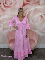 VESTIDO LARGO BORDADO INGLÉS LENTEJUELAS ROSA - Mi Marciana