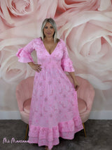 VESTIDO LARGO BORDADO INGLÉS LENTEJUELAS ROSA - Mi Marciana