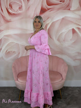 VESTIDO LARGO BORDADO INGLÉS LENTEJUELAS ROSA - Mi Marciana