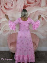 VESTIDO LARGO BORDADO INGLÉS LENTEJUELAS ROSA - Mi Marciana