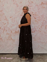 VESTIDO LARGO HALTER BORDADO LENTEJUELAS NEGRO - Mi Marciana