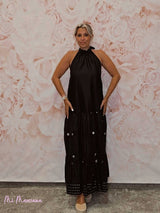 VESTIDO LARGO HALTER BORDADO LENTEJUELAS NEGRO - Mi Marciana