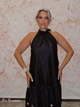 VESTIDO LARGO HALTER BORDADO LENTEJUELAS NEGRO - Mi Marciana