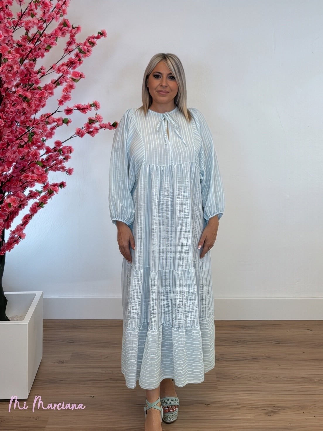 VESTIDO LARGO VOLANTES RAYAS LINO VERDE - Mi Marciana