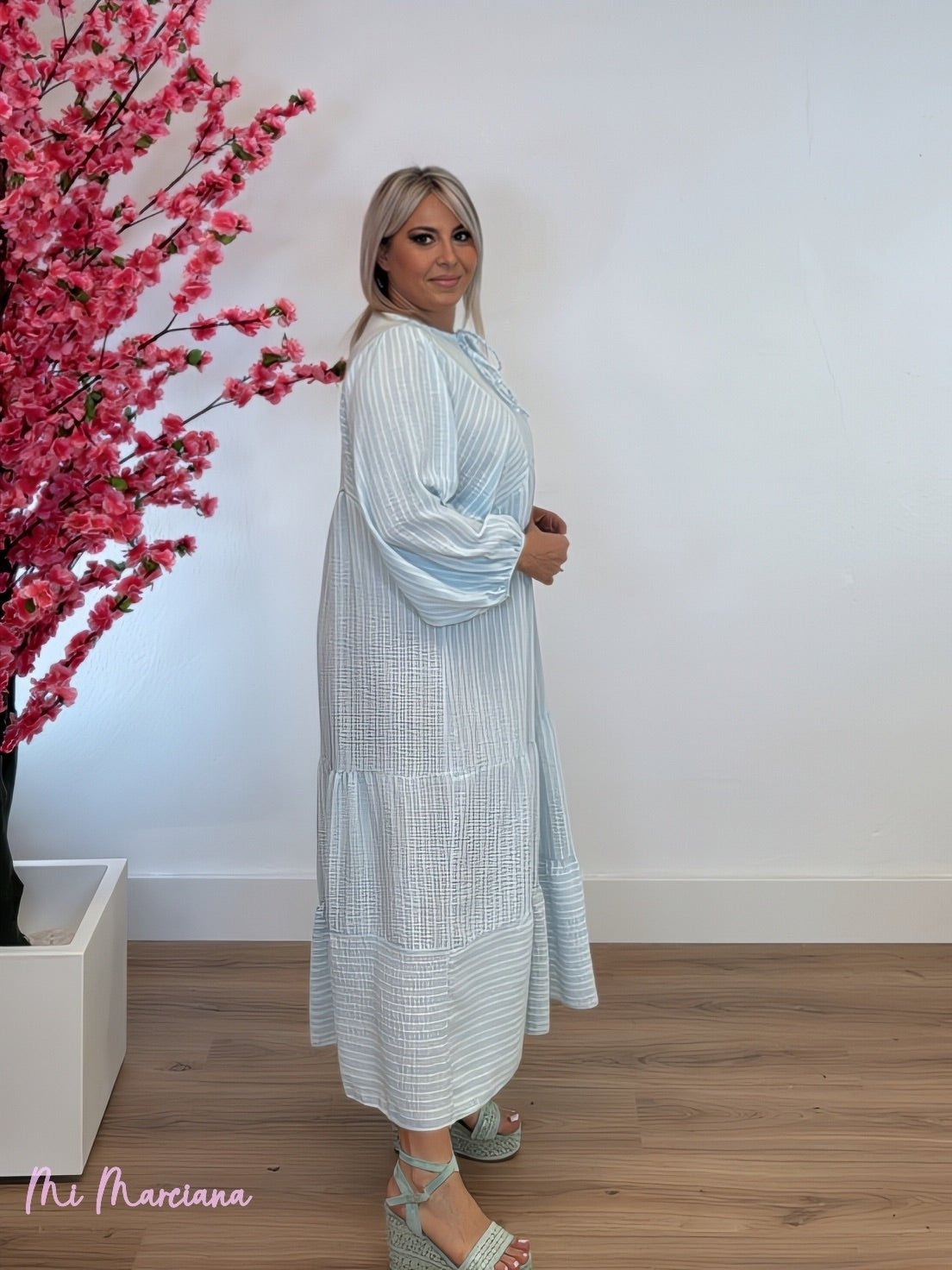 VESTIDO LARGO VOLANTES RAYAS LINO VERDE - Mi Marciana