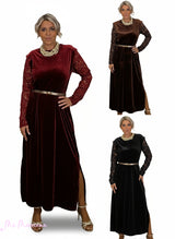 VESTIDO LARGO TERCIOPELO MANGAS ENCAJE JOT