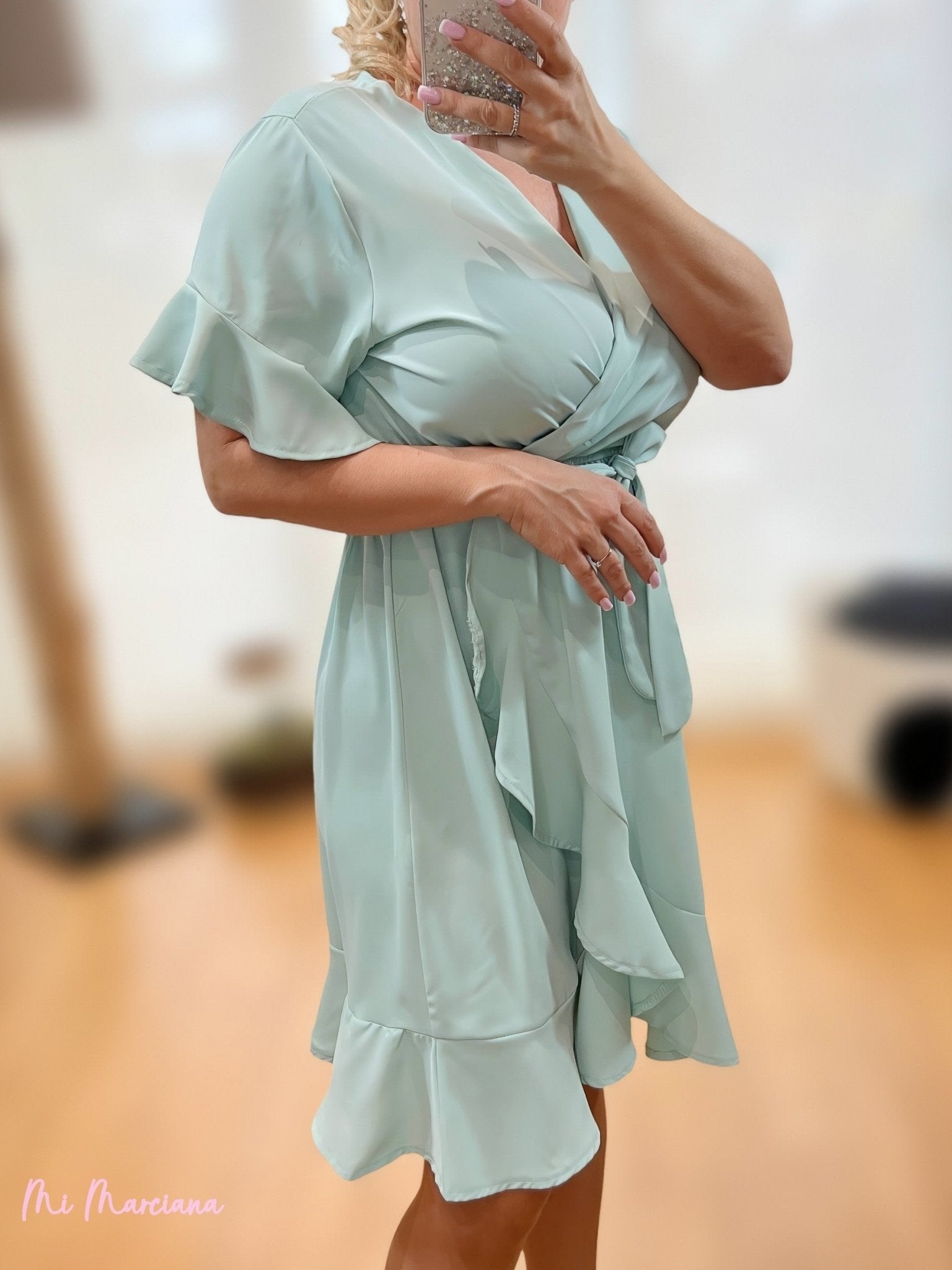 VESTIDO VOLANTES CRUZADO VERDE AGUA - Mi Marciana