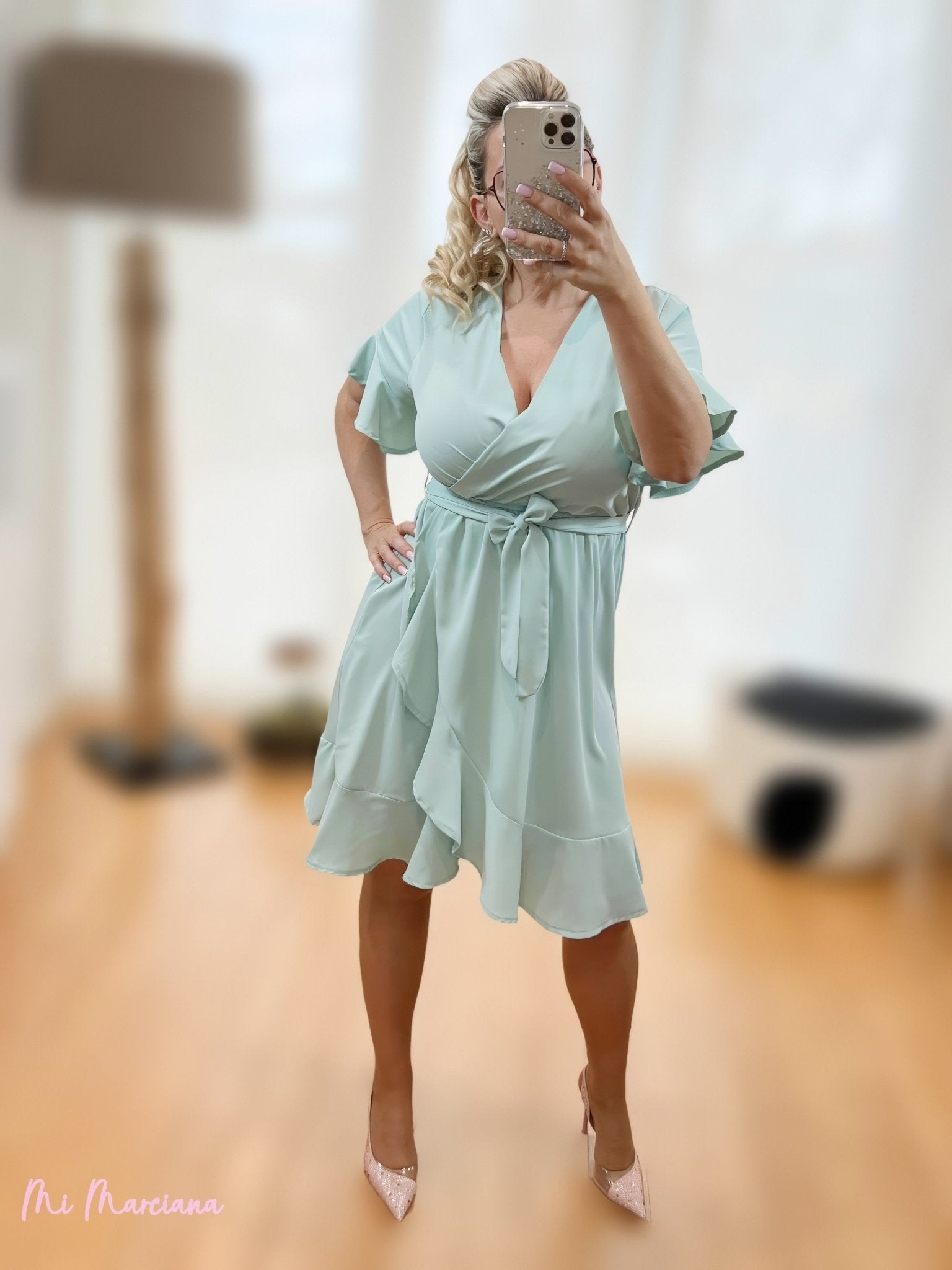 VESTIDO VOLANTES CRUZADO VERDE AGUA - Mi Marciana