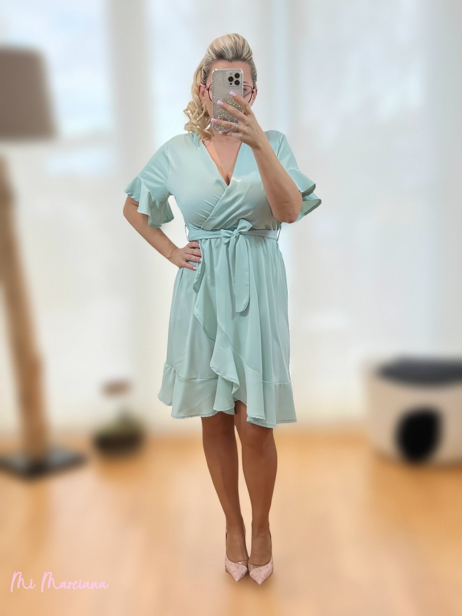 VESTIDO VOLANTES CRUZADO VERDE AGUA - Mi Marciana