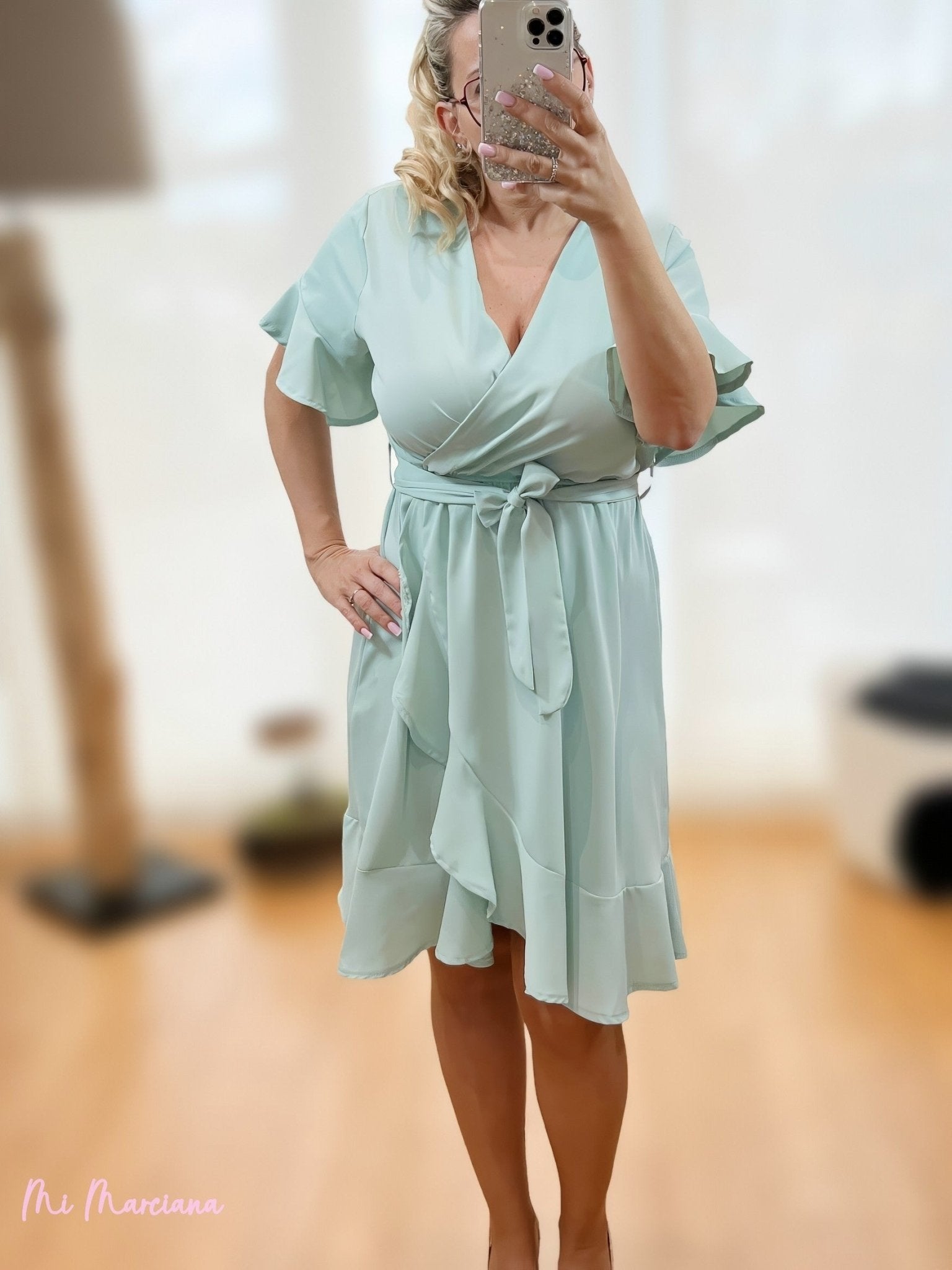 VESTIDO VOLANTES CRUZADO VERDE AGUA - Mi Marciana